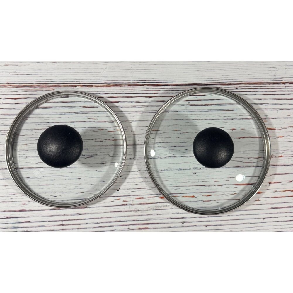 Farberware Set Of 2 Glass Pot Lids Black Knobs & Stainless Steel Rim Universal F